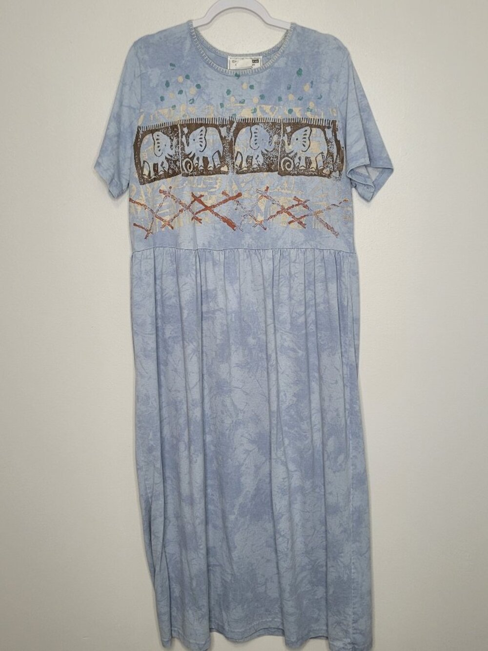 Studio G blue artsy elephant print maxi modest maxi long dress size 2x FLAW